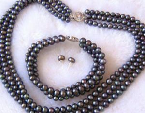 jewelry Jewelry 001340 3 Rows Real Black Pearl 18KWGP Flower Clasp Necklace Bracelet Earrings