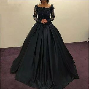 Setwell Navy Blue Bateau Neck Ball Gown Prom Dress Long Sleeves Pleated Floor Length Lace Beaded Sweet 16 Party