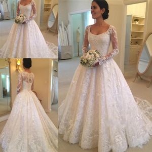 Vintage Long Sleeve Lace Wedding Dresses Scoop Neckline Button Back Appliques Beaded Sweep Train Bridal Gowns