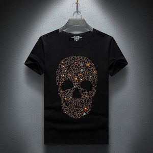 Designer de moda Summer Top Mens Skulls Rhinestones T camisetas modal algodão o pescoço de manga curta camiseta slim camiseta