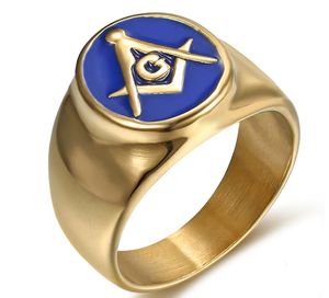 18k Gold Plated Stainless steel Freemason Signet Masonic Rings Dark Blue Lodge Enamel fraternal compass and square G Symbol rings jewelry