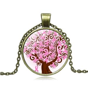 New Pink Breast Cancer Ribbon Tree Collana Art Photo Glass Cabochon Pendenti Collana per gioielli da donna Regalo creativo