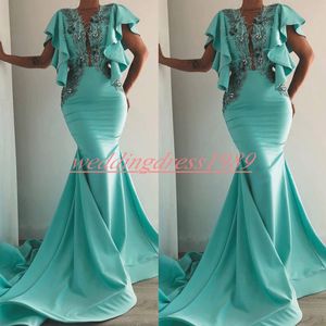 Elegancki Crystal 2020 Mermaid Prom Suknie Wieczorowe 2020 Koraliki Satin V-Neck Krótki Rękaw Formalny Party Strona Gowns Plus Size Guest Dress