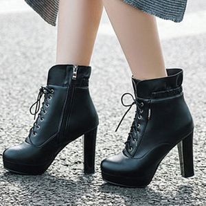 Hot Sale- High Heel Platform Boots Women's Lace-up Solid Color Elastic Boots Thick Heel Shoes Woman Leather Keep Warm Snow Booties