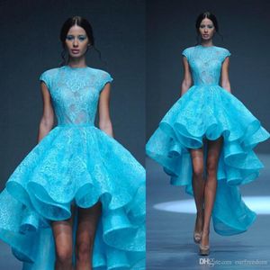 Элегантный Продажа Майкл Синко Высокий Низкий Пром платья Hot Sky Blue Lace Jewel Шея Ruched Ruffle Вечерние платья сшитое