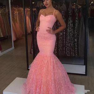 Pink Spaghetti Mermaid Prom Dresses Lace Floor Length Evening Gowns Saudi Arabia Women Cocktail Formal Party Dress Custom Made