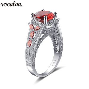 Vecalon Flower Ring 925 Sterling Silver Round Rodada 4ct 5A Vermelho Zircon Partido Casamento Anéis de Banda Para As Mulheres Homens Dropshipping Jóias