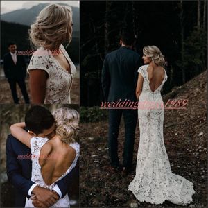 Lace Mermaid Charming Garden Capped V-Neck Wedding Dresses Country Lace Backless Plus Size Bride Dress Vestido de novia Long Bridal Gown