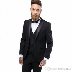 Slim Fit One Button Black Wedding Groom Tuxedos Peak Lapel Groomsmen Men Suits Prom Blazer (Jacket+Pants+Vest+Tie) NO:1966