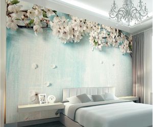 custom 3d photo wallpaper Small fresh blue wood grain cherry blossom 3d stereo TV background wall painting