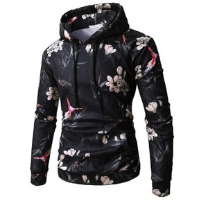 Men's Hooded 2019 Floral Long Sleeve Flower Printed Hooded Male Sweatshirt Pullover Outwear