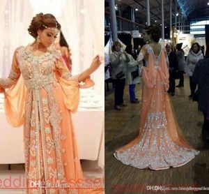 Elegant Kaftan Abaya Arabiska kvällsklänningar Beaded paljetter Applices Chiffon Long Formal Gowns Dubai Muslim Prom Dresses187p