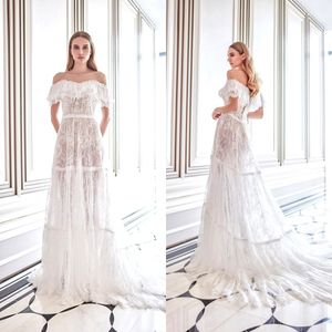 Modest Ombro A Linha do casamento Vestidos de manga curta Off Applique Sequins Tulle Lace vestido de casamento de trem da varredura robe de mariée