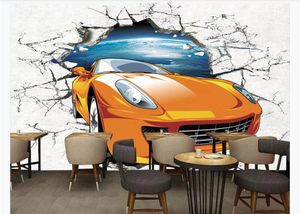 Customized 3d mural wallpaper photo wall paper Car theme sports car breaking wall 3D car culture wall background mural wallpaper