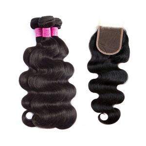 Malezyjskie Human Hair Extensions 3 Wiązki z 4x4 Koronki Zamknięcie Ciała Fala Norek Produkty do włosów 10-30inch Natural Color