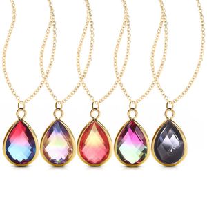 Rainbow Gradient Color Teardrop Glass Crystal Pendant Necklaces for Women Gold Plating Adjusable Fashion Waterdrop Necklace Jewelry Gift
