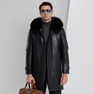 メンズロングレザージャケットフォックス毛皮襟ウサギの毛皮コートフード付き厚い暖かい黒トップスアウターオーバーコート雪着DHL