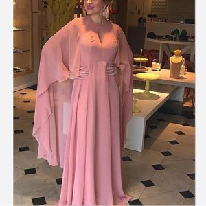 Abiye Şık Şifon Pembe Gelinlik Modelleri Uzun Batwing Kollu İçin Anne Artı boyutu Örgün Parti Elbise