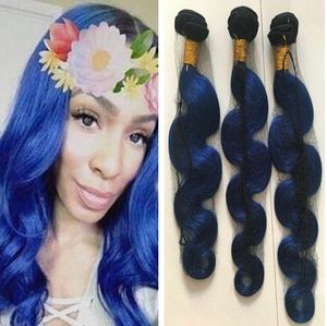 Tessuto per capelli umani vergini Ombre blu 3 pacchi Estensioni Ombre ondulate per onda del corpo 300 g