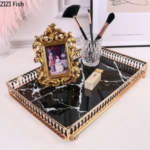 Square Trays Decorative Storage Marble Agate Texture Tempered Glass Mirror Skincare Jewelry Plate Coffee Table Bathroom Tray