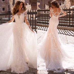 Lindo 2020 Laço Cheio Sereia Sereia Vestidos De Noiva Vintage Manga Longa Sheer Pescoço Applique Sweep Train Wedding Nupcial Vesticantes Destacáveis ​​Saia