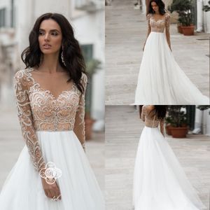 2020 A Line Beach Wedding Dresses Crystal Appliques Jewel Neck Tulle Long Sleeves Wedding Dresses Sweep Train Boho Bridal Gowns