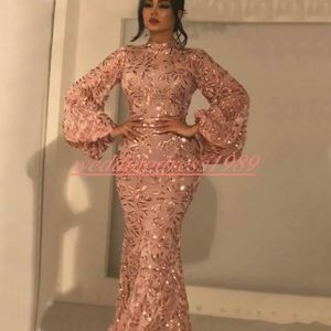 Abiti da sera eleganti con paillettes a sirena con collo alto Abiti da sera a maniche lunghe Abiti da spettacolo arabo Vestido de noche Dubai Plus Size Prom Formal