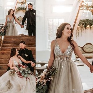 New Sexy Summer Beach Wedding Dresses With Deep V Neck Beaded Sequins A Line Tullle Cheap Bridal Gowns Wedding Dress Backless Vestidos
