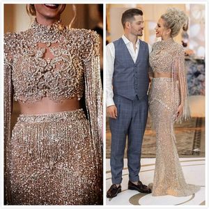 2024 ASO EBI Arabiska guld Lyxiga sexiga aftonklänningar Beaded Crystals Mermaid Prom Dresses Sequined Formal Party Second Reception klänningar