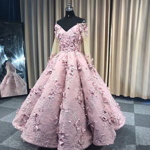 2020 Pink Off Shoulder Prom Dresses Real Image 3D Floral Appliqued Beads Long Sleeve Sexy Women Occasion Pageant Evening Gowns Custom Made