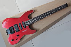 Chitarra elettrica a 24 tasti senza testa blu/rossa metallizzata con hardware nero, tastiera in palissandro, rilegatura del corpo, personalizzabile