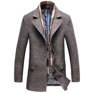 Woolen coat men winter thick windbreaker detachable scarf overcoat abrigo hombre male casual long jacket bussiness trench coats