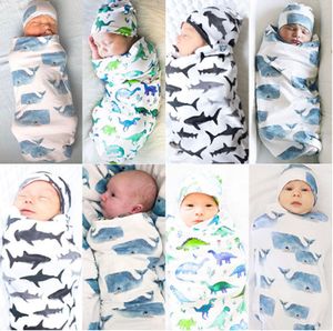 Newborn Baby Swaddle Wrap Sleeping Bags Hats 2pcs Set INS Cartoon Animal Print Swaddle Blanket Sleeping Swaddles Cap Cotton Wrap Bag E22602