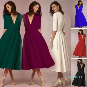 Mode-hot sale sommar kvinnor sexiga jumpsuits prom klänning bröllop gust klänningar chiffon v neck halva ärm enstaka klänning