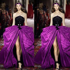 2020 Kış Zuhair Murad Gelinlik Modelleri Straplez Boyun Ön Bölünmüş Kabarık Elbiseler Parti Akşam Giyim Kat Uzunluk Parti Gowns