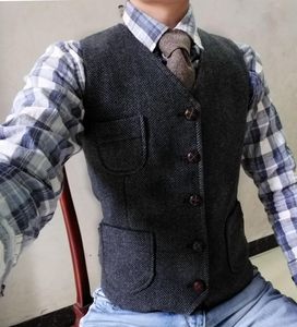 Szary kamizelki pana młodego wełniane jodełka tweed kamizelka Slim Fit Męska garnitur na bal