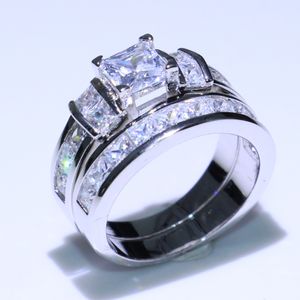 2019 Ny ankomst Luxury Smycken Real 925 Sterling Silver Princess Cut Vit Topaz ädelstenar CZ Diamant Couple Ringar Kvinnor Bröllop Bandring