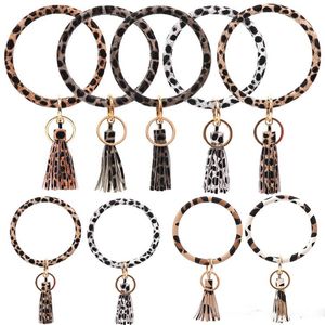 PU cópia do leopardo pulseira Chaveiro Moda Círculo Bangle Chaveiro Tassel Wristlet chave Titular Halloween do presente do partido