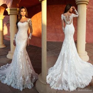 2022 Modern 3D Appliqued Lace Mermaid Wedding Dresses Sheer Neck Long Sleeve Bridal Gowns Illusion Wedding Dress robe de mariee B0513 on Sale
