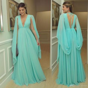 V Sexy Deep Neck A Line Prom Dresses With Cape Backless Ruched Chiffon Floor Length Evening Gowns Formal Simple Party Dress Vestidos estidos