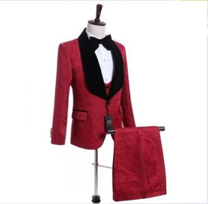New Arrival One Button Red Paisley Wedding Groom Tuxedos Shawl Lapel Groomsmen Men Suits Prom Blazer (Jacket+Pants+Vest+Tie) W16