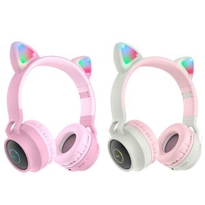 Auscultadores Cor-de-rosa Bonitos venda por atacado-Fones de ouvido Bluetooth do gato conduzido para crianças menina rosa bonito fones de ouvido sem fio dos desenhos animados fones de ouvido estéreo fones de ouvido TF Slot AUX Mic para o jogo de telefone