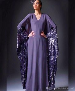 2019 New Purple Scollo a V Arabia Saudita Abiti da sera A-Line Dubai Kaftan Prom Gowns Chiffon Paillettes Party Dress Abiti 125