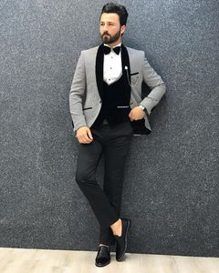 Svart Vit Plaid Groom Tuxedos 2019 One Button Shawl Lapel Mens Suits Prom Party Wedding Blazer Jacket (Jacka + Byxor)