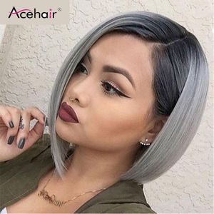 Achair ombre 1b cinzento bob peruca 13x4 curta bob perucas brasileiras straiight lace dianteira cabelo humano peruca cabelo remy para mulher negra