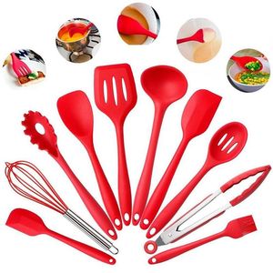 10pcs set Silicone Kitchen Utensils Cooking Set Pan Spatula Spoon Ladle Turner Egg Beaters Spaghetti Server Slotted Cooking Tools
