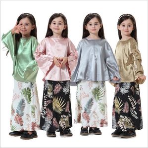 キッズデザイナー服女の子イスラム教徒の服セット赤ん坊のソリッドトップスのドレスプリントカロットスーツのエミュレーションシルクケープカーカークラコーローブパンツC5867