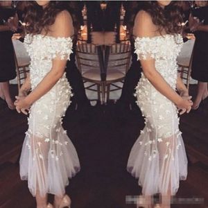 Shoulder the Sexy Off White Evening Dresses Handmade Flowers Sheer Neck Plus Size Mermaid Short Tea Length Prom Party Ball Gown