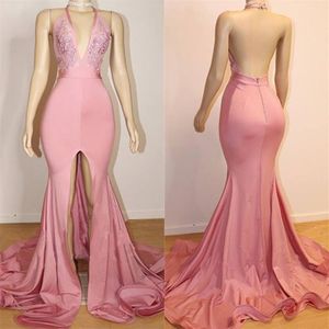 Sexig Halter Neck Rosa sjöjungfru Balklänningar Djup V-ringad Öppen Baksida Fram Splittrad Elastisk Satin Stretchiga Festaftonklänningar