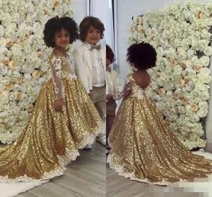 Ärms paljetter Long Gold Flower Girls Dresses Illusion Jewel Neck Lace Applique Custom Made Little Girl Princess Birthday Party Gown